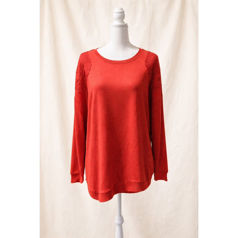 JM Sportswear XL Red Lace Shoulder Top Minimalist Soft Romantic Feminine Classic